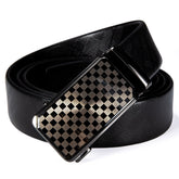 Leather Ratchet Belt 1 3/8" Adjustable For Men Black Plaid Metal Buckle Fit Dress Casual